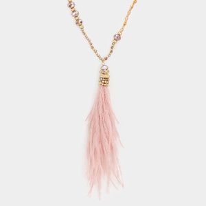 Multi Beaded Pink Feather Long Necklace